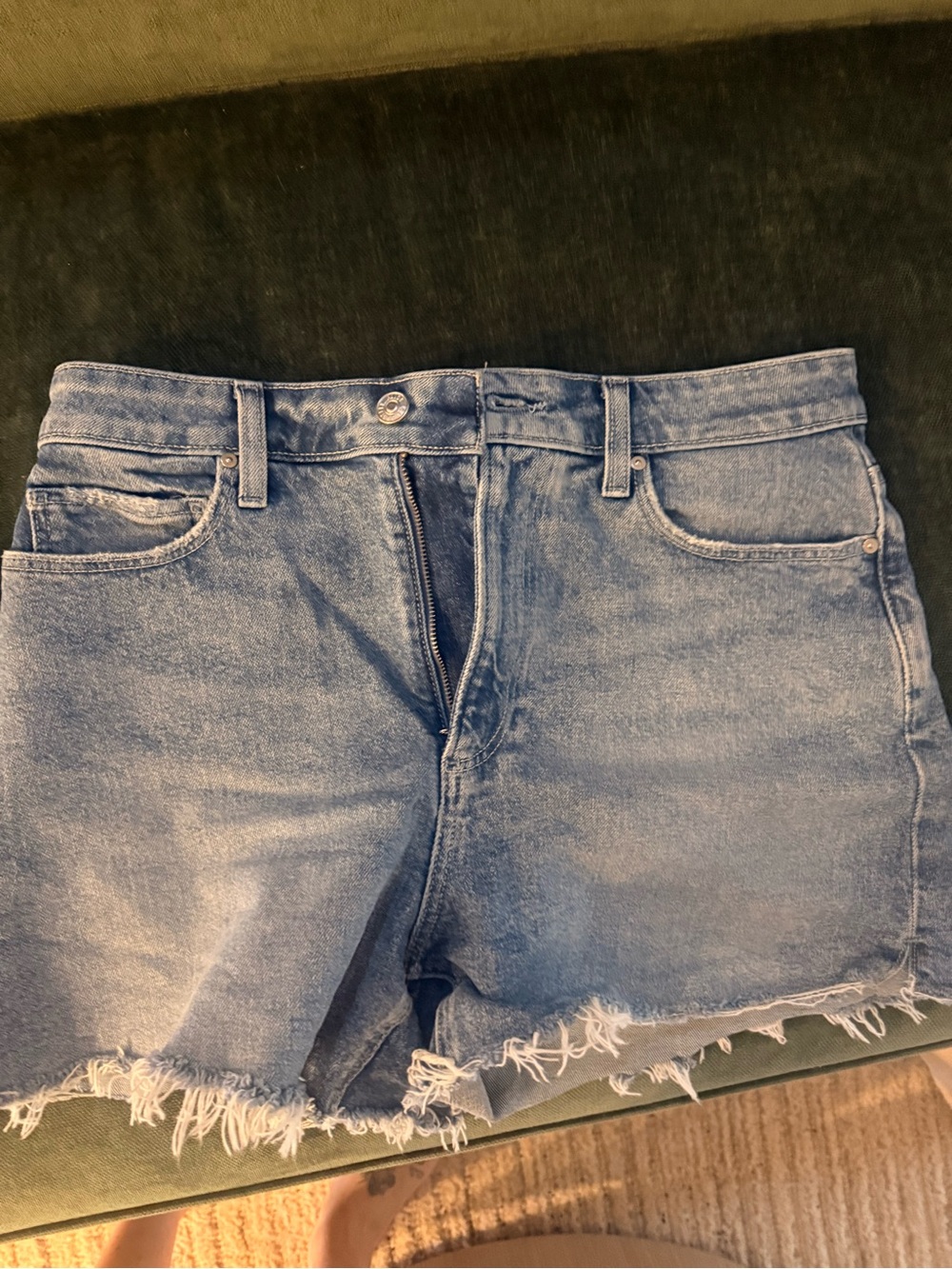PAIGE Medium Blue Frayed-Hem Denim Shorts